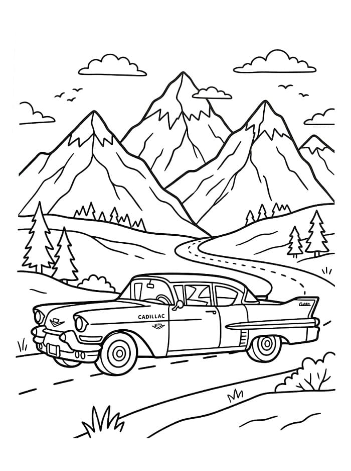Coloriage Cadillac et montagnes