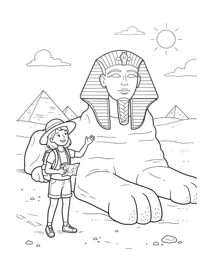 Coloriage Fille avec Sphinx