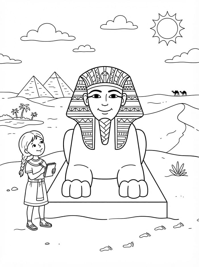 Coloriage Fille et Sphinx