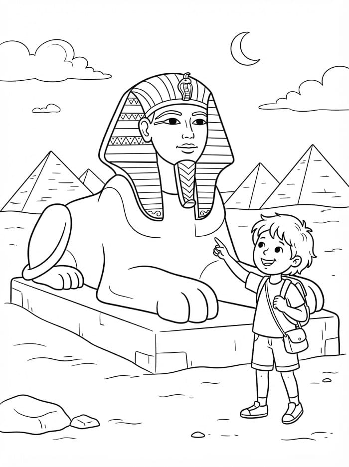 Coloriage Garçon avec Sphinx