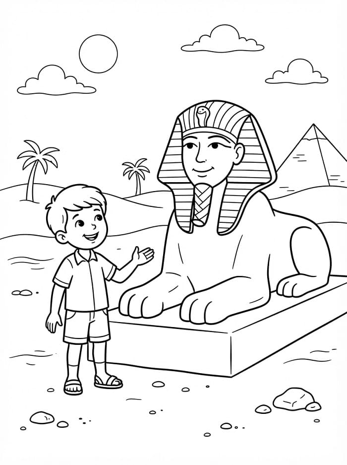 Coloriage Garçon et Sphinx