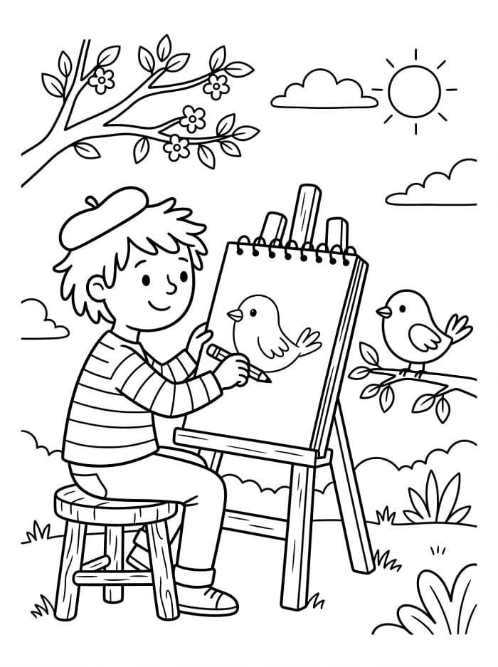 Coloriage Peintre d'oiseaux