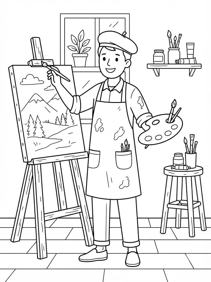Coloriage Peintre souriant