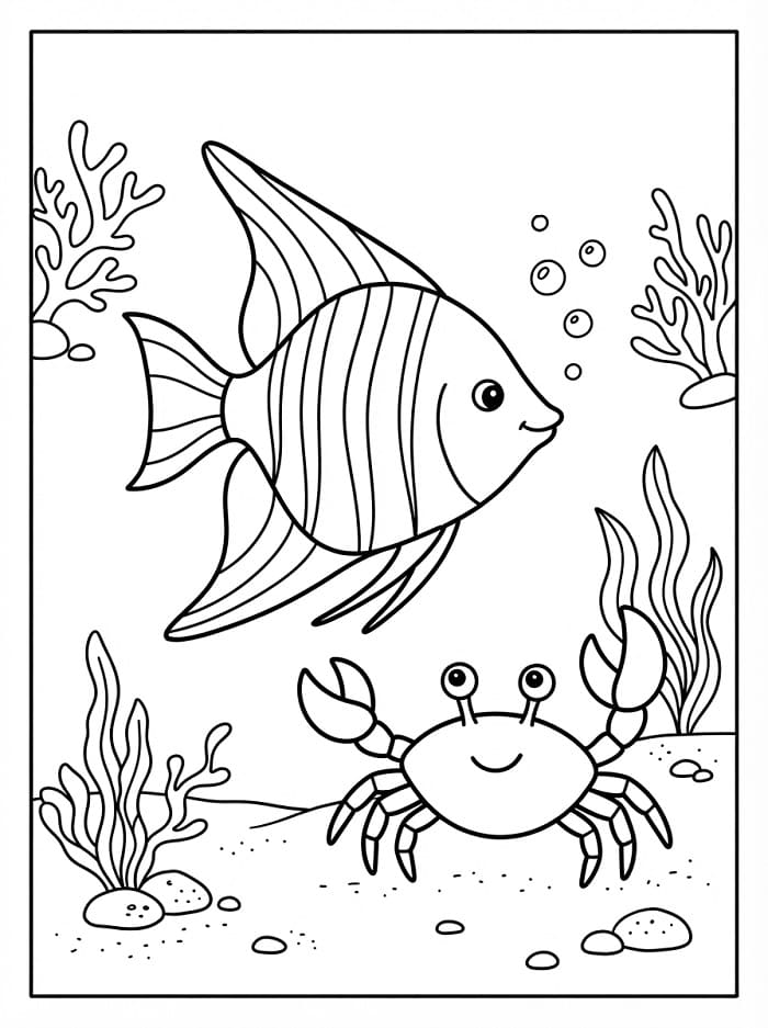Coloriage Poisson-ange et crabe