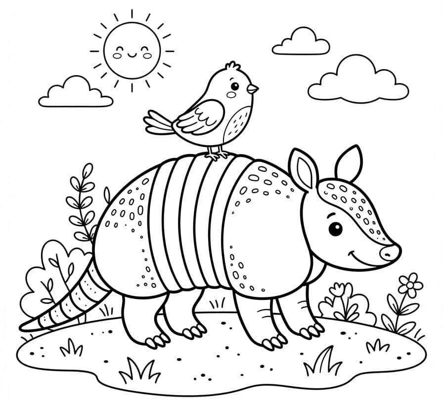 Coloriage Tatou avec un oiseau