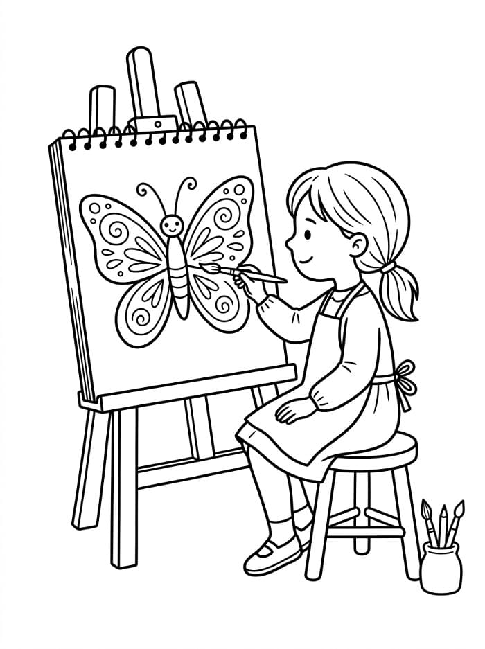 Coloriage Un peintre de papillons