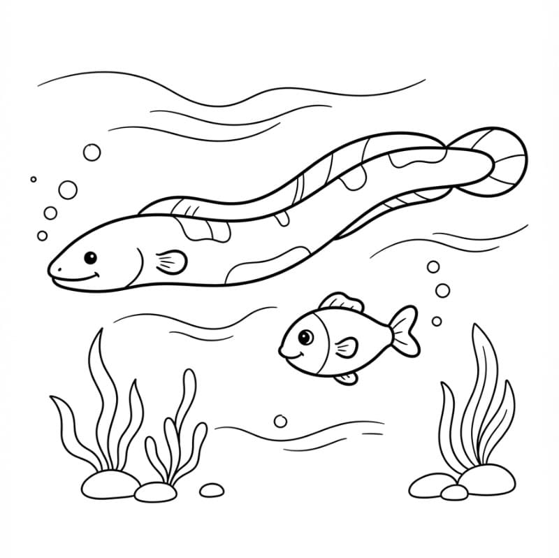 Coloriage Anguille et poisson