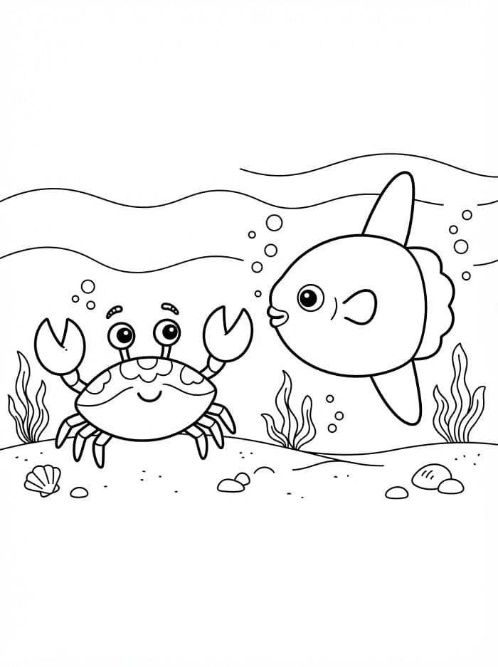 Coloriage Crabe avec poisson-lune