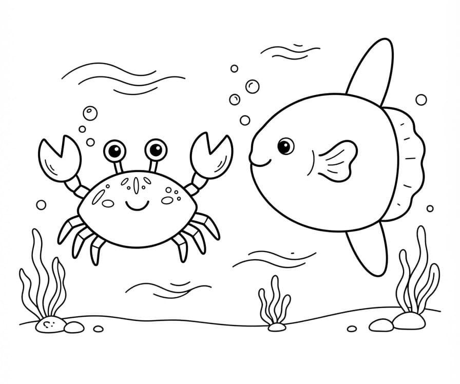 Coloriage Crabe et poisson-lune