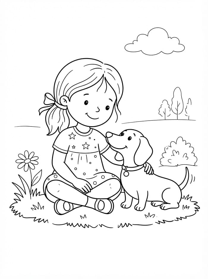 Coloriage Fille et teckel