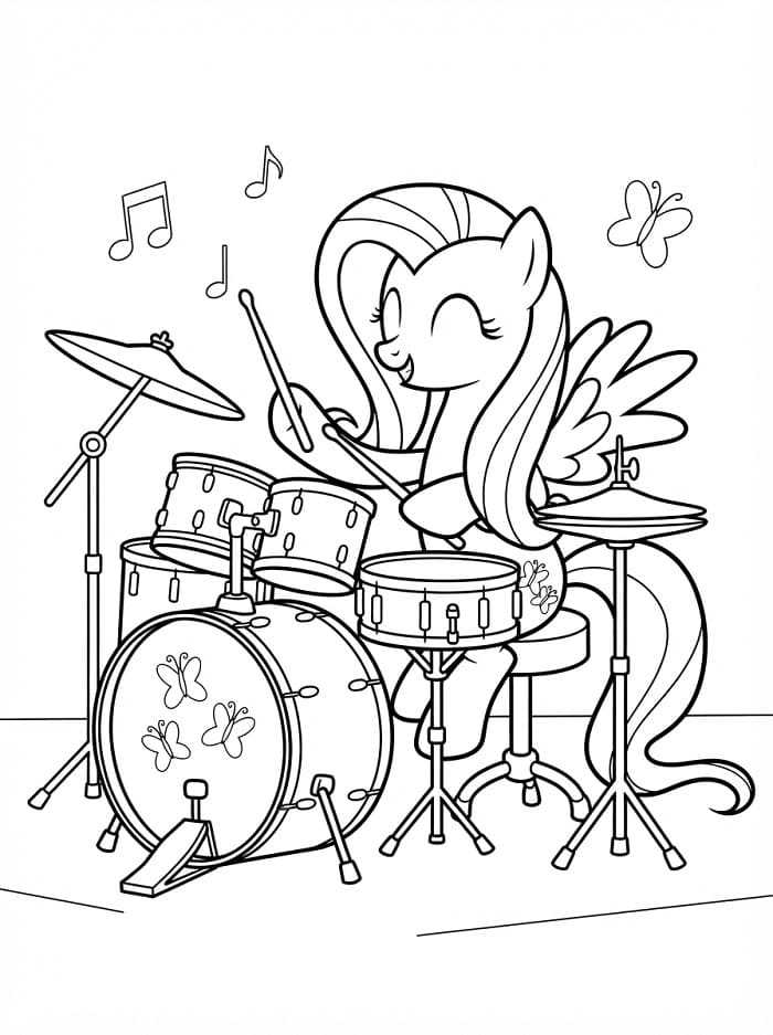 Coloriage Fluttershy joue de la batterie