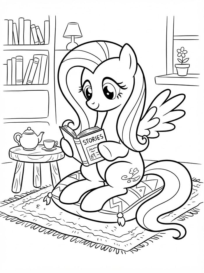 Coloriage Fluttershy lit un livre