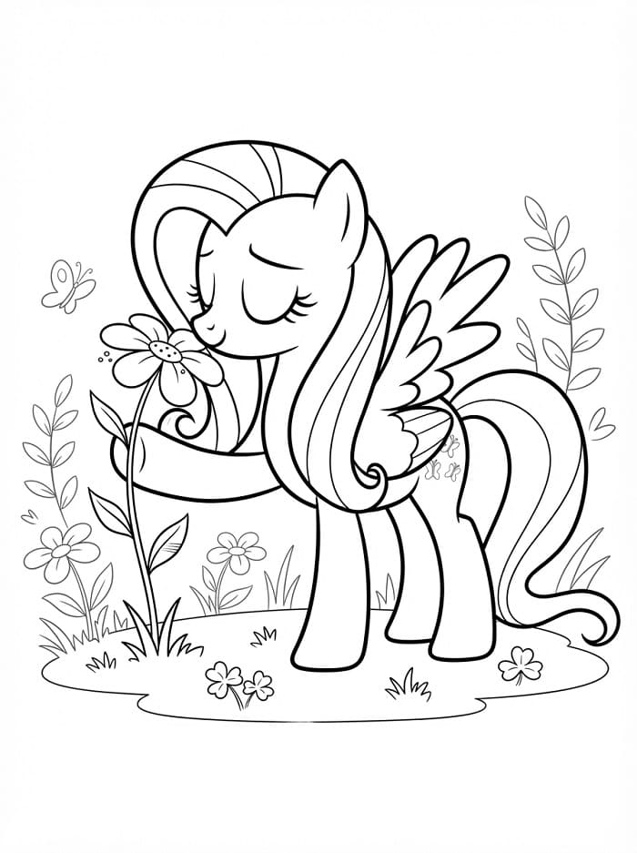 Coloriage Fluttershy sentant une fleur