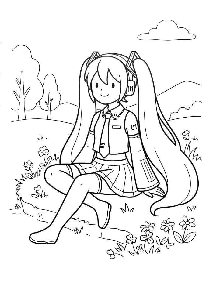 Coloriage Hatsune Miku assise