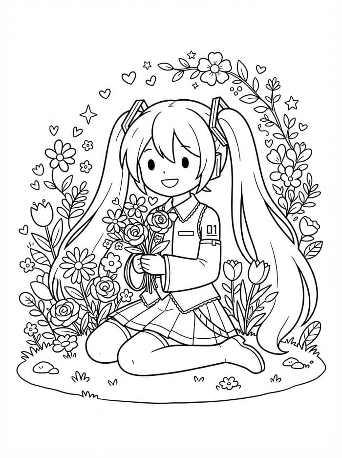 Coloriage Hatsune Miku avec des fleurs