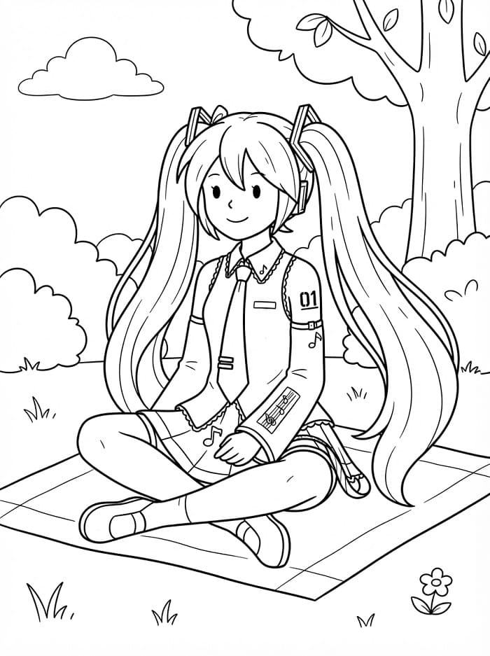 Coloriage Hatsune Miku en pique-nique