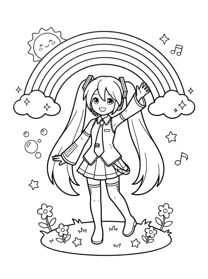 Coloriage Hatsune Miku et l'arc-en-ciel