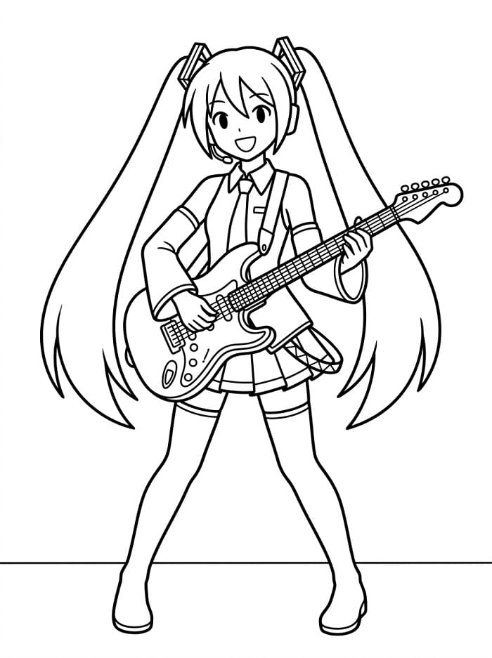 Coloriage Hatsune Miku joue de la guitare