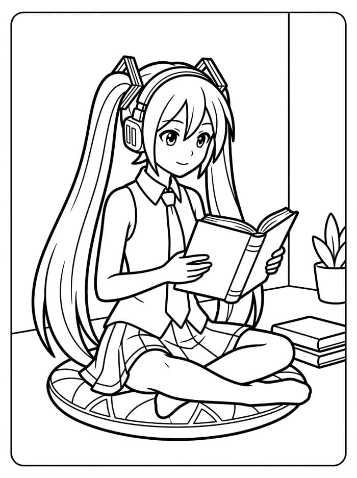 Coloriage Hatsune Miku lit un livre