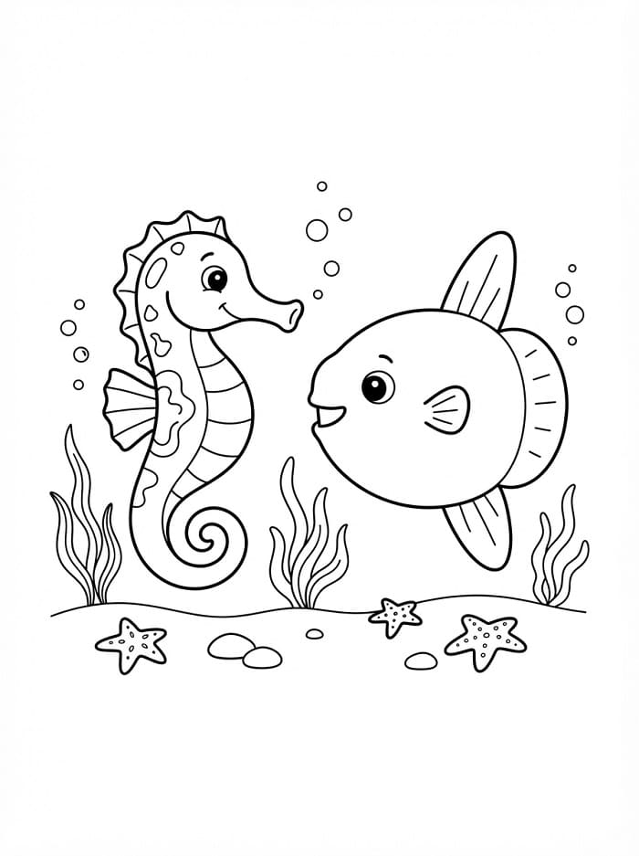 Coloriage Hippocampe avec poisson-lune