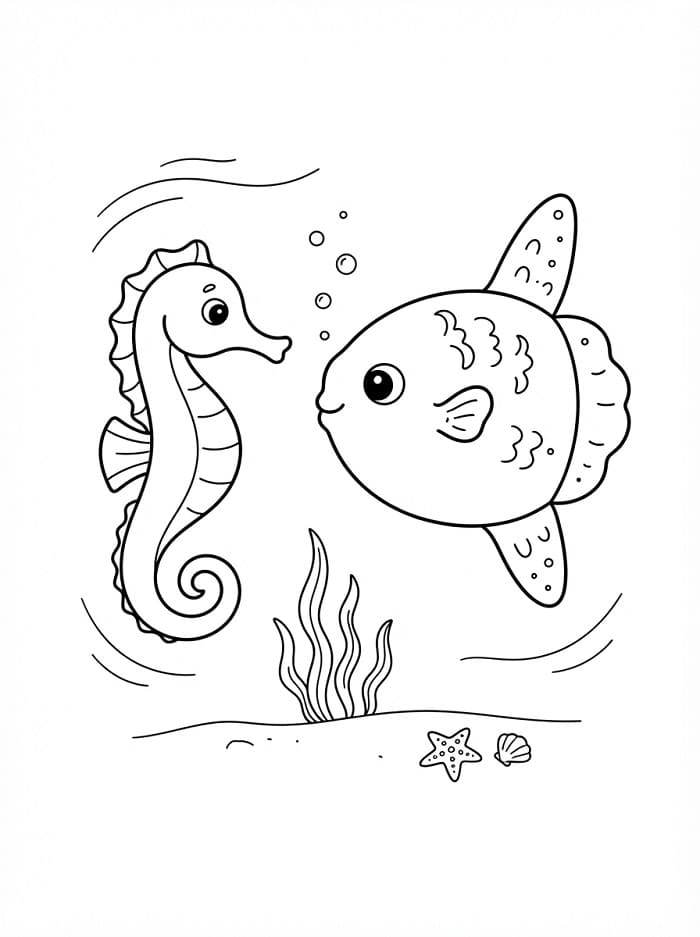 Coloriage Hippocampe et poisson-lune