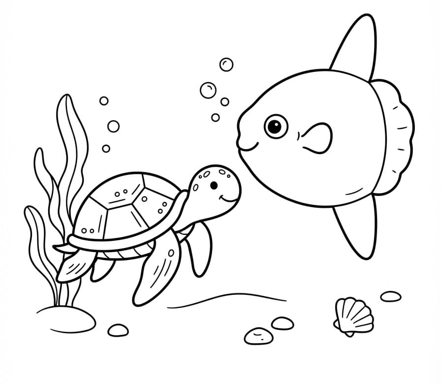 Coloriage Poisson-lune avec Tortue marine