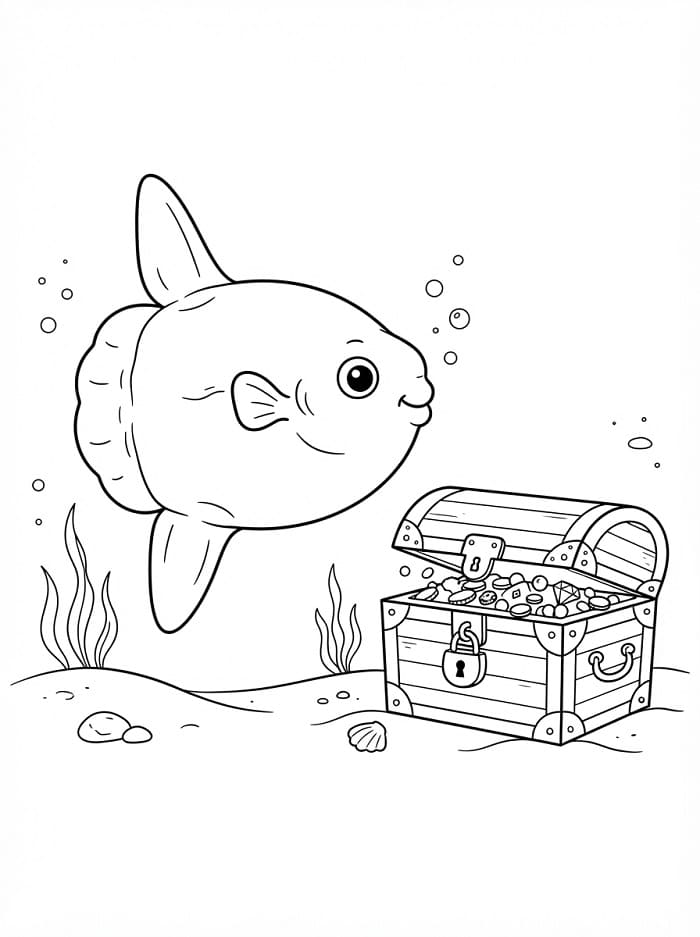 Coloriage Poisson-lune et coffre au trésor