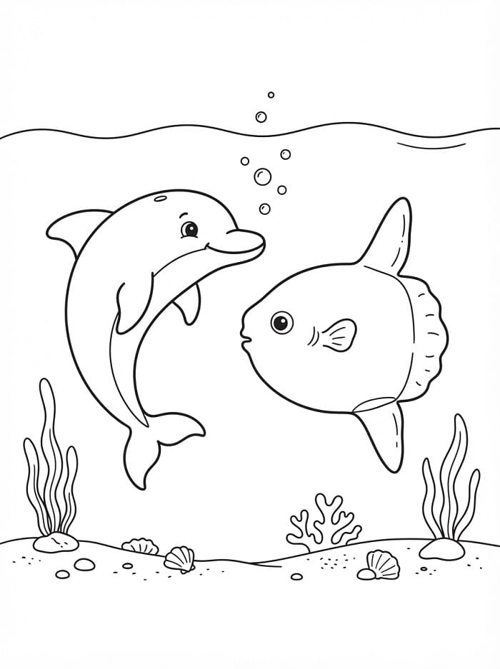 Coloriage Poisson-lune et Dauphin