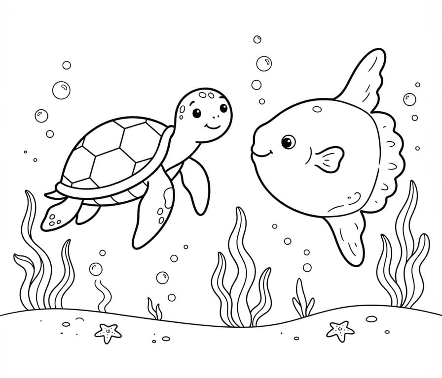 Coloriage Poisson-lune et Tortue marine