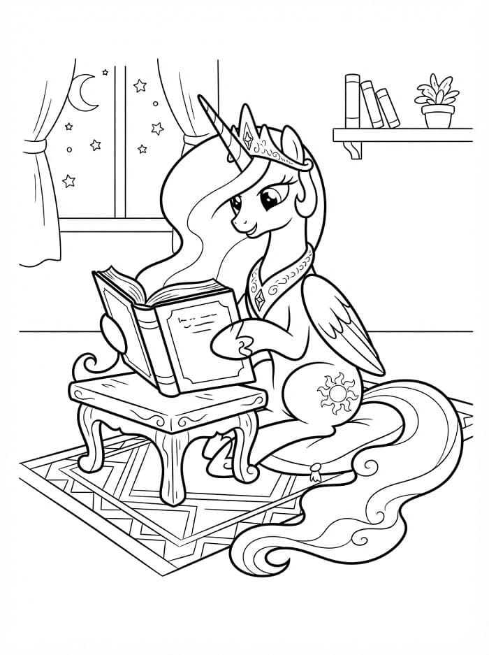 Coloriage Princesse Celestia lit un livre