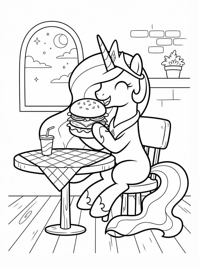 Coloriage Princesse Celestia mange un hamburger