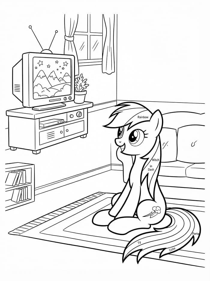 Coloriage Rainbow Dash regarde la télévision