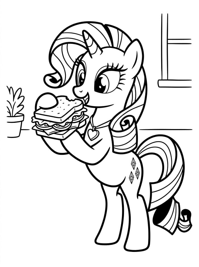Coloriage Rarity mangeant un sandwich