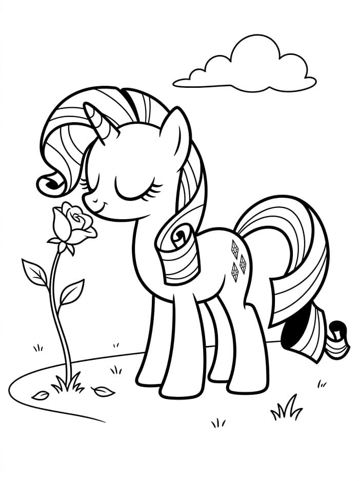Coloriage Rarity sentant une fleur