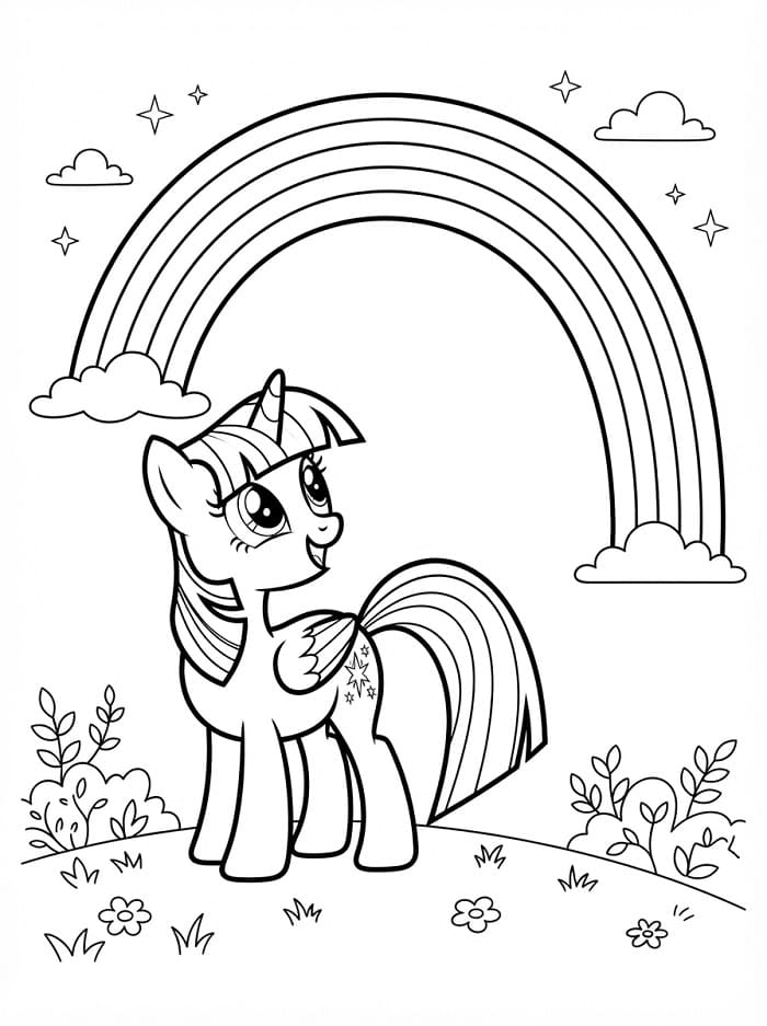 Coloriage Twilight Sparkle regarde un arc-en-ciel