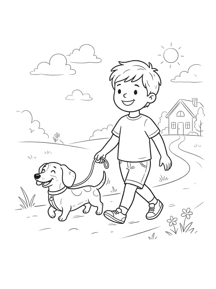 Coloriage Un garçon et un teckel qui se promènent