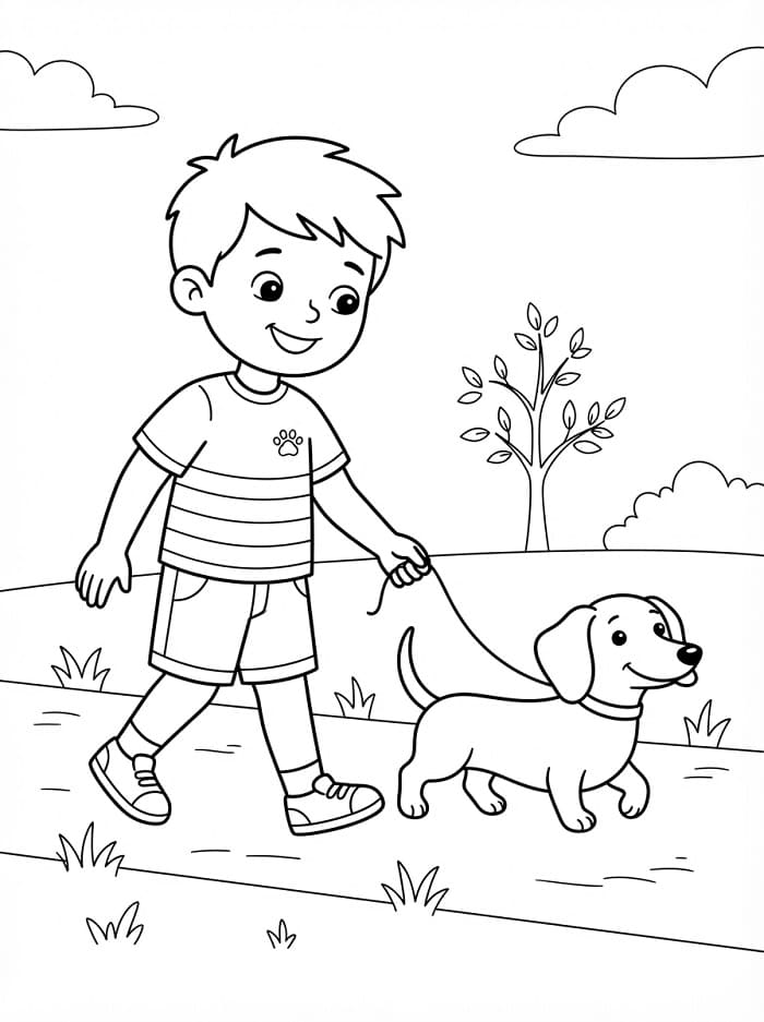 Coloriage Un garçon et un teckel