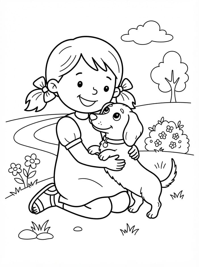 Coloriage Une fille mignonne et un teckel