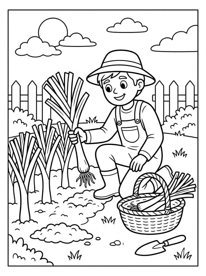 Coloriage Agriculteur récoltant des poireaux