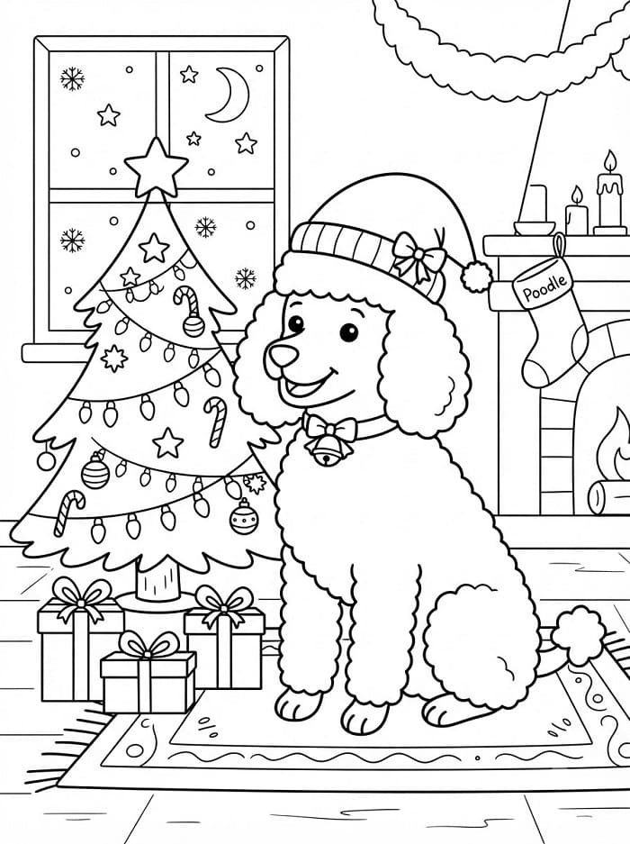 Coloriage Caniche à Noël