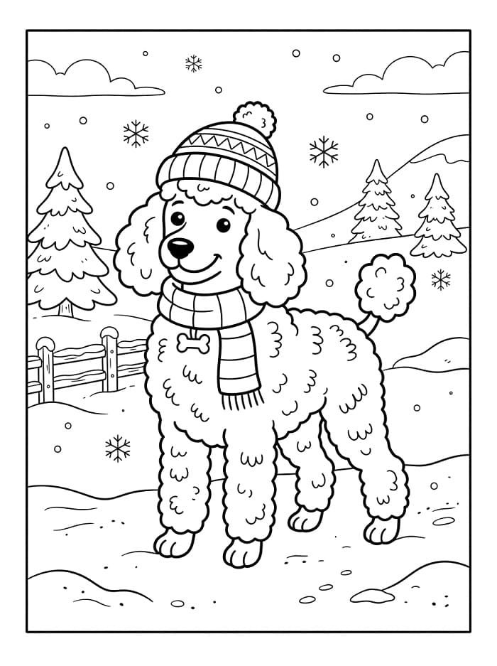 Coloriage Caniche en hiver