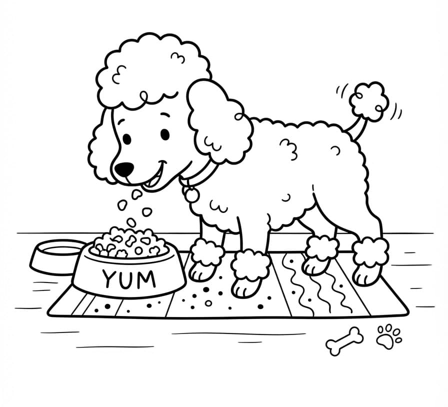 Coloriage Caniche en train de manger