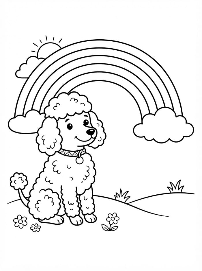 Coloriage Caniche et arc-en-ciel