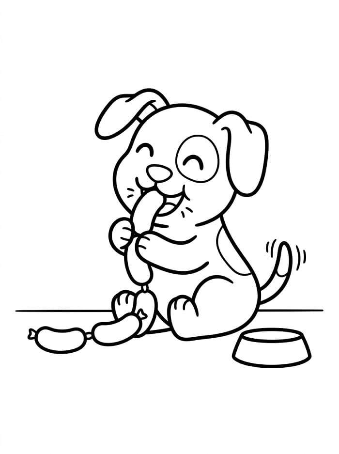 Coloriage Chien mangeant une saucisse