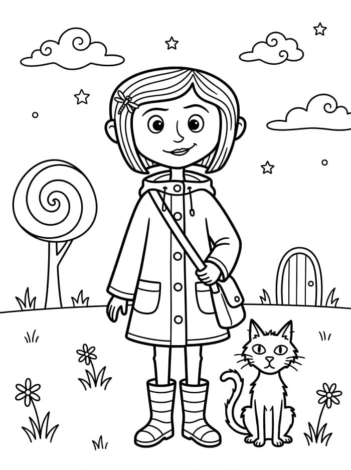 Coloriage Coraline avec son chat