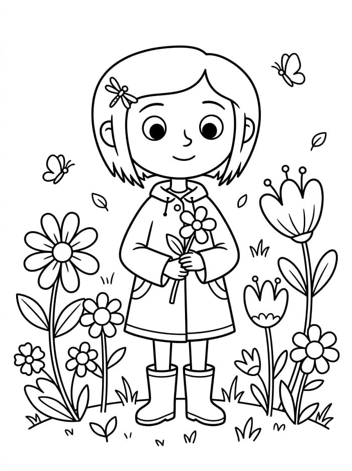 Coloriage Coraline et les fleurs