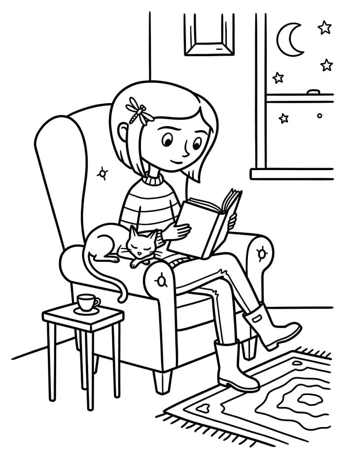 Coloriage Coraline lit un livre