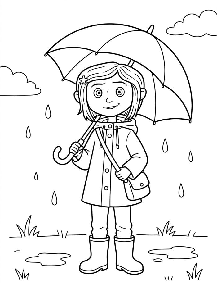 Coloriage Coraline sous la pluie