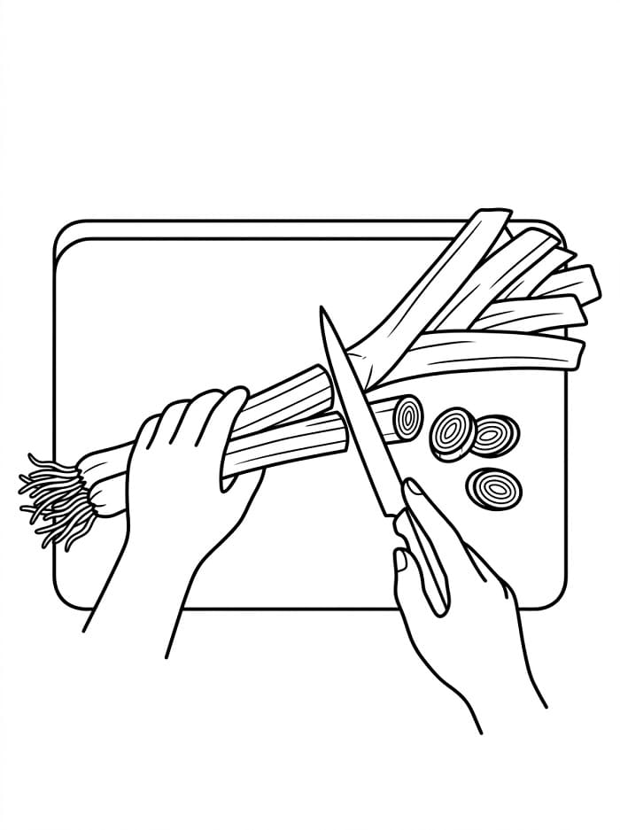 Coloriage Couper des poireaux en cuisine