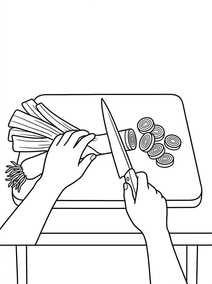 Coloriage Découpe manuelle de poireaux